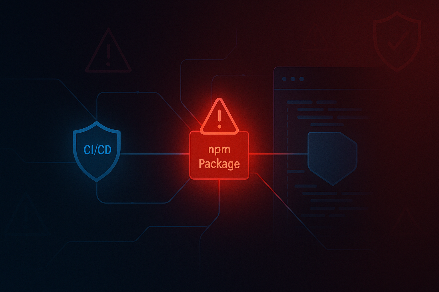Abstract security-themed CI/CD supply-chain attack visualization with compromised package node and defensive shield overlays.